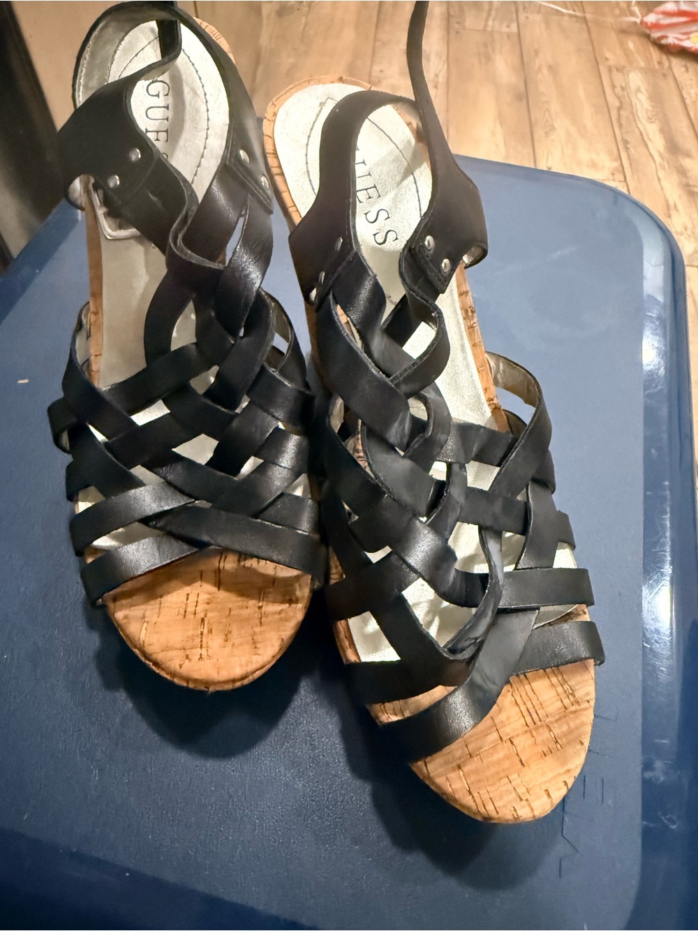 Guess Black Woven Cork Wedge Sandals